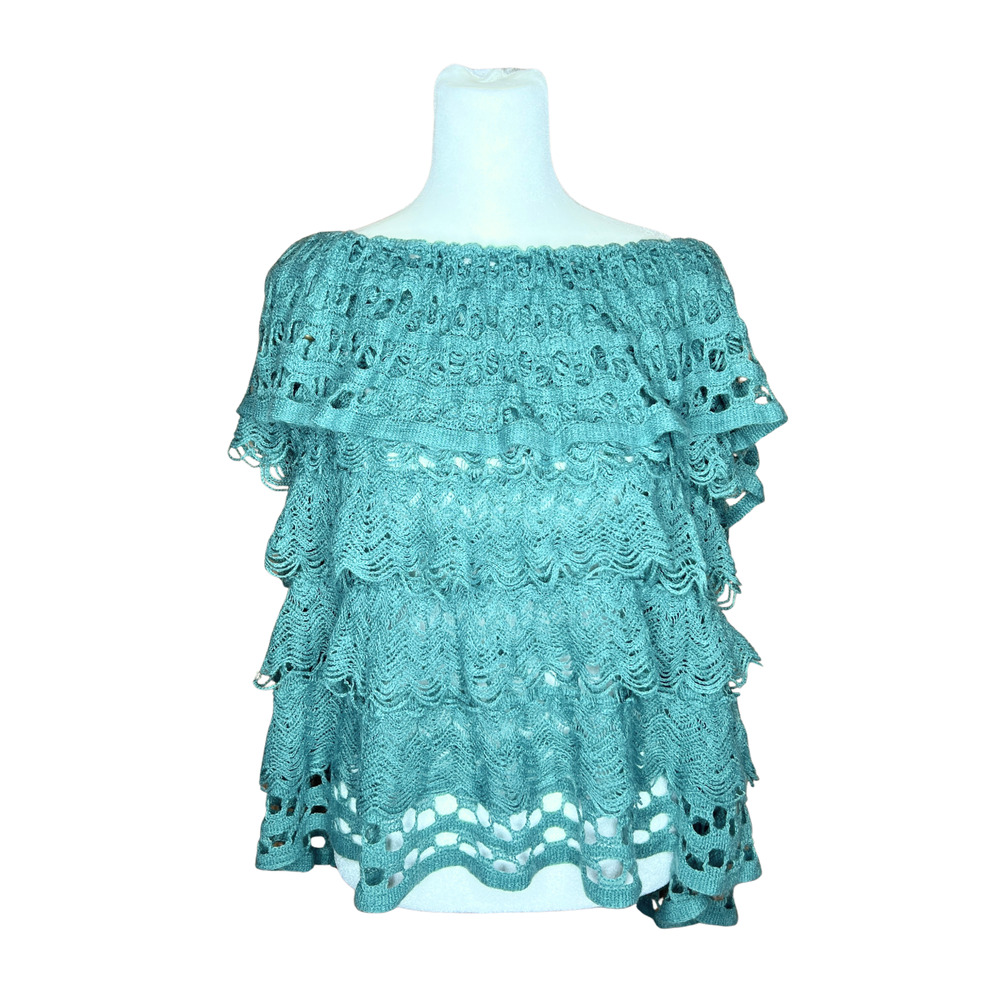 Womens Open Knit Poncho Top Teal Tiered Ruffled Boho Fairy Whimsigoth Goblincore